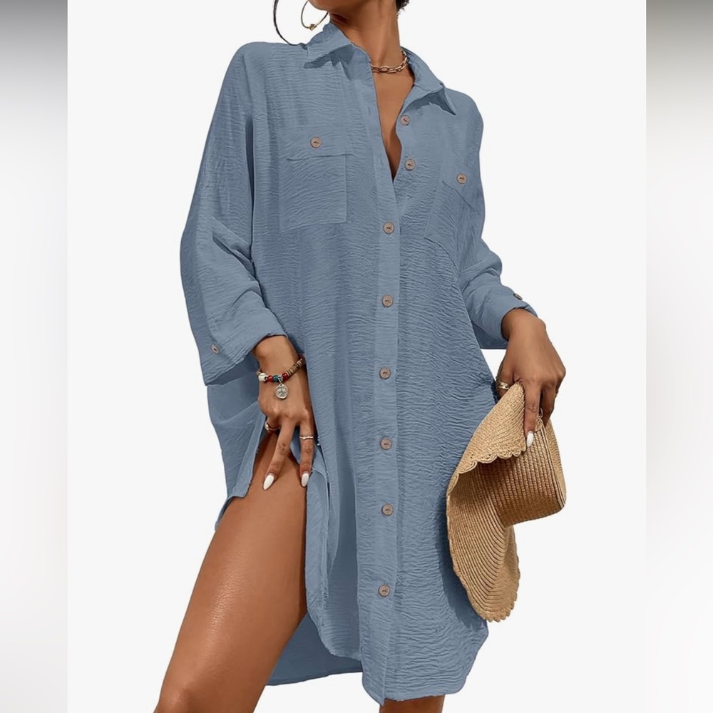 Blue Button-Up Swimsuit Cover-Up/Dress